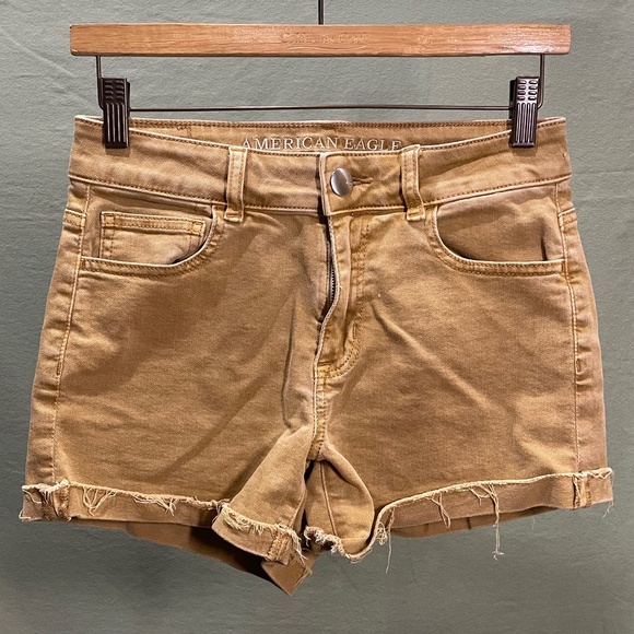 American Eagle "Hi-Rise Shortie" Super Super Stretch Khaki Shorts - Size 4 Denim - Picture 1 of 8